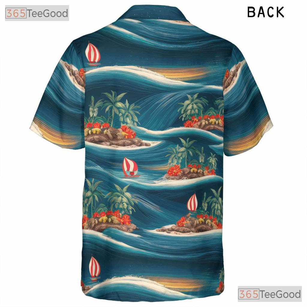 Blue Sunset Ocean Hawaiian Shirt - Tropical Beach Palm Tree Unisex