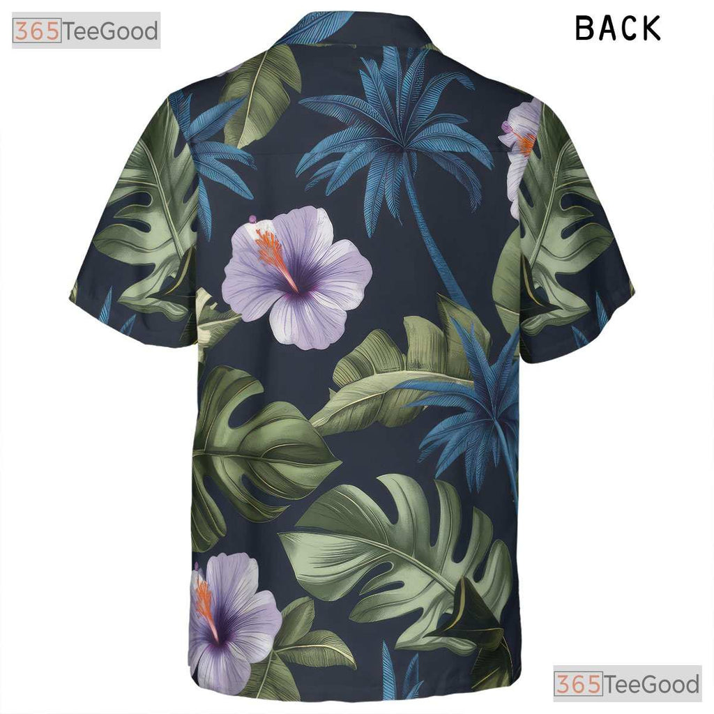Tropical Palm Hibiscus Hawaiian Tee - Navy Blue Island Aloha Adults