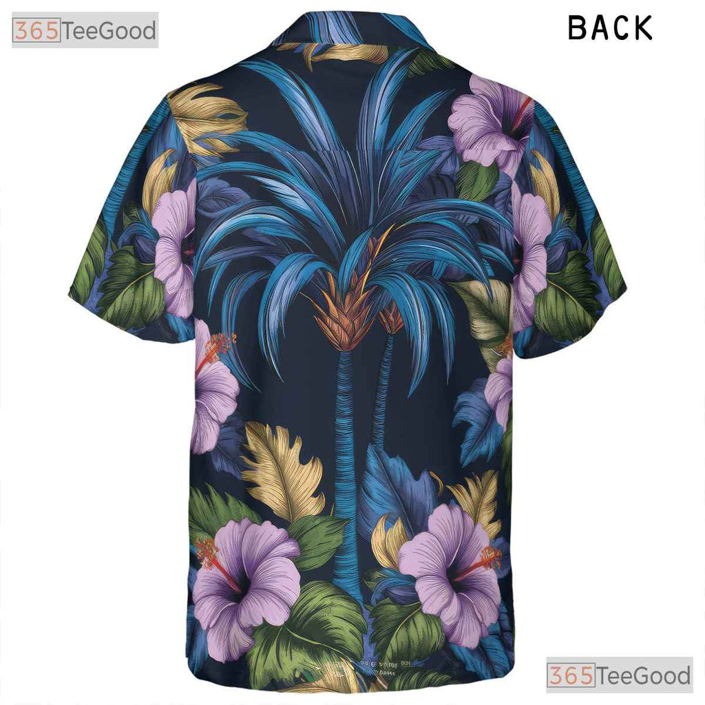 Floral Navy Blue Hawaiian Tee - Tropical Aloha Palm Hibiscus Women