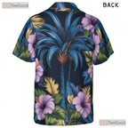 Floral Navy Blue Hawaiian Tee - Tropical Aloha Palm Hibiscus Women