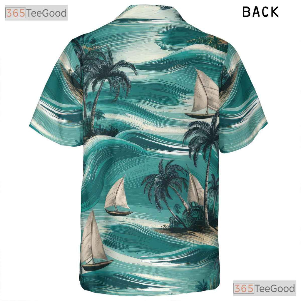 Retro Hawaiian Tee - Sailboats Palm Trees & Ocean Breeze Design Unisex