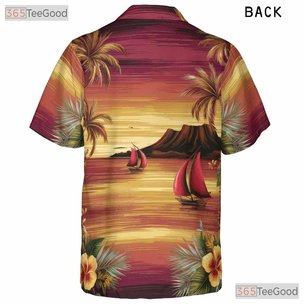 Tropical Palm Sunset Hawaiian Tee - Ocean Waves Summer Gift Unisex Adult