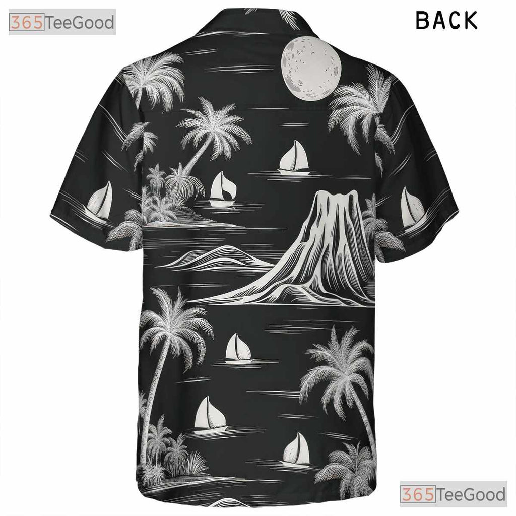 Black & White Palm Hawaiian Shirt - Tropical Island Vintage Beachwear Women