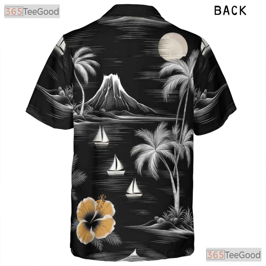 Retro Island Hawaiian Tee - Monochrome Palm Tree Ocean Style for Adults
