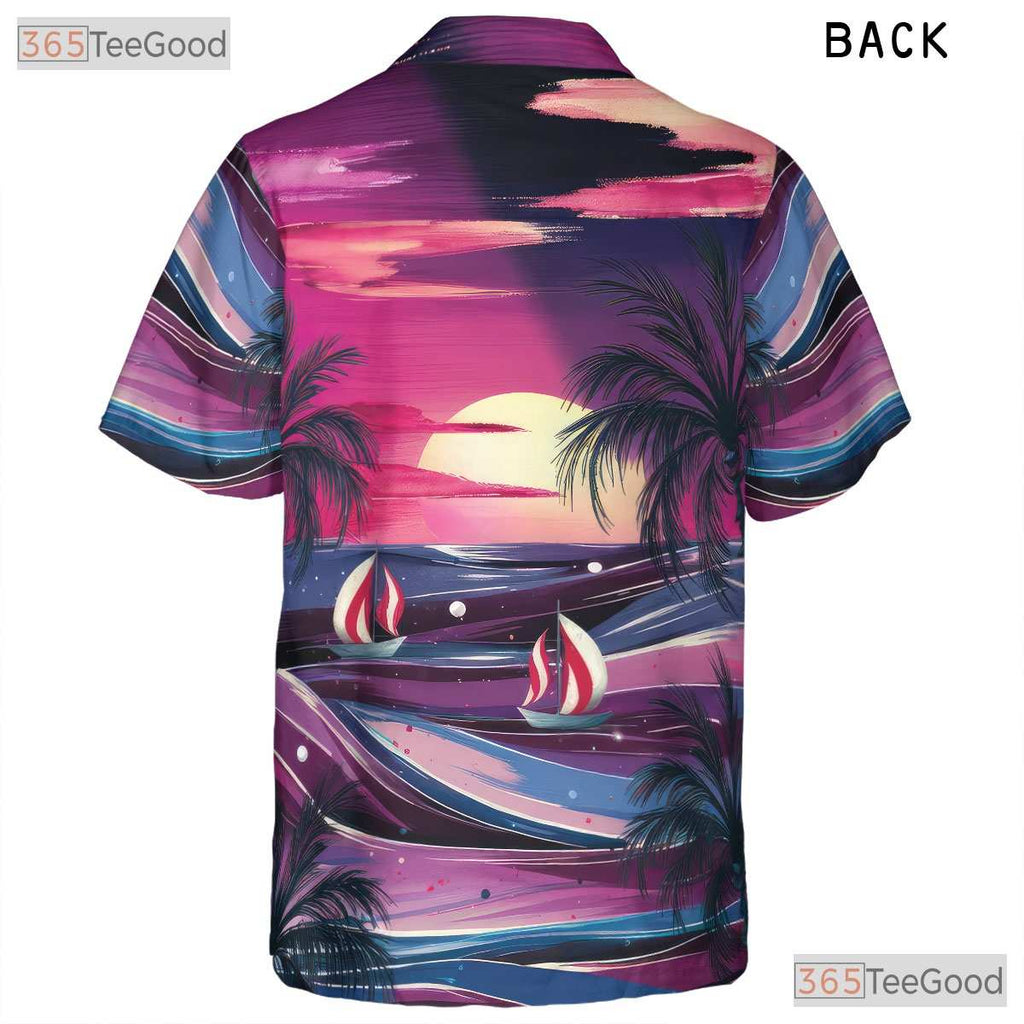 Palm Sunset Beach Hawaiian Tee - Aloha Tropical Floral Vacation Women