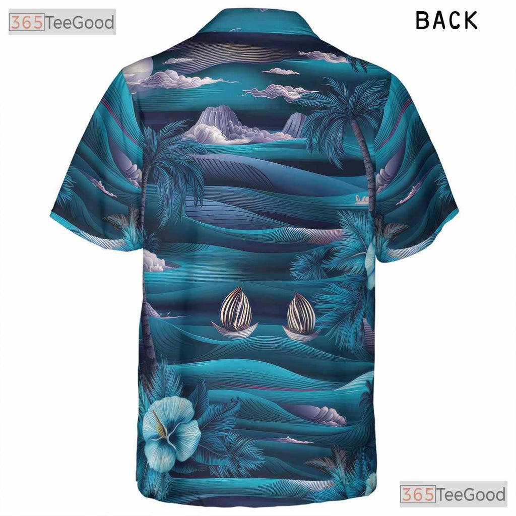 Vintage Aloha Hawaiian Tee - Blue Palm Trees Ocean Island Style Women
