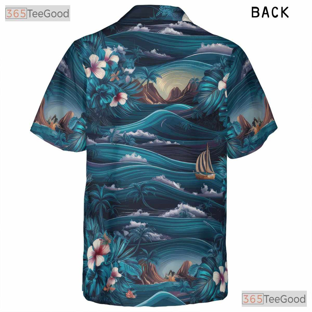 Navy Palm Hawaiian Shirt - Tropical Aloha Floral Ocean Waves Men's