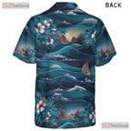 Navy Palm Hawaiian Shirt - Tropical Aloha Floral Ocean Waves Men's