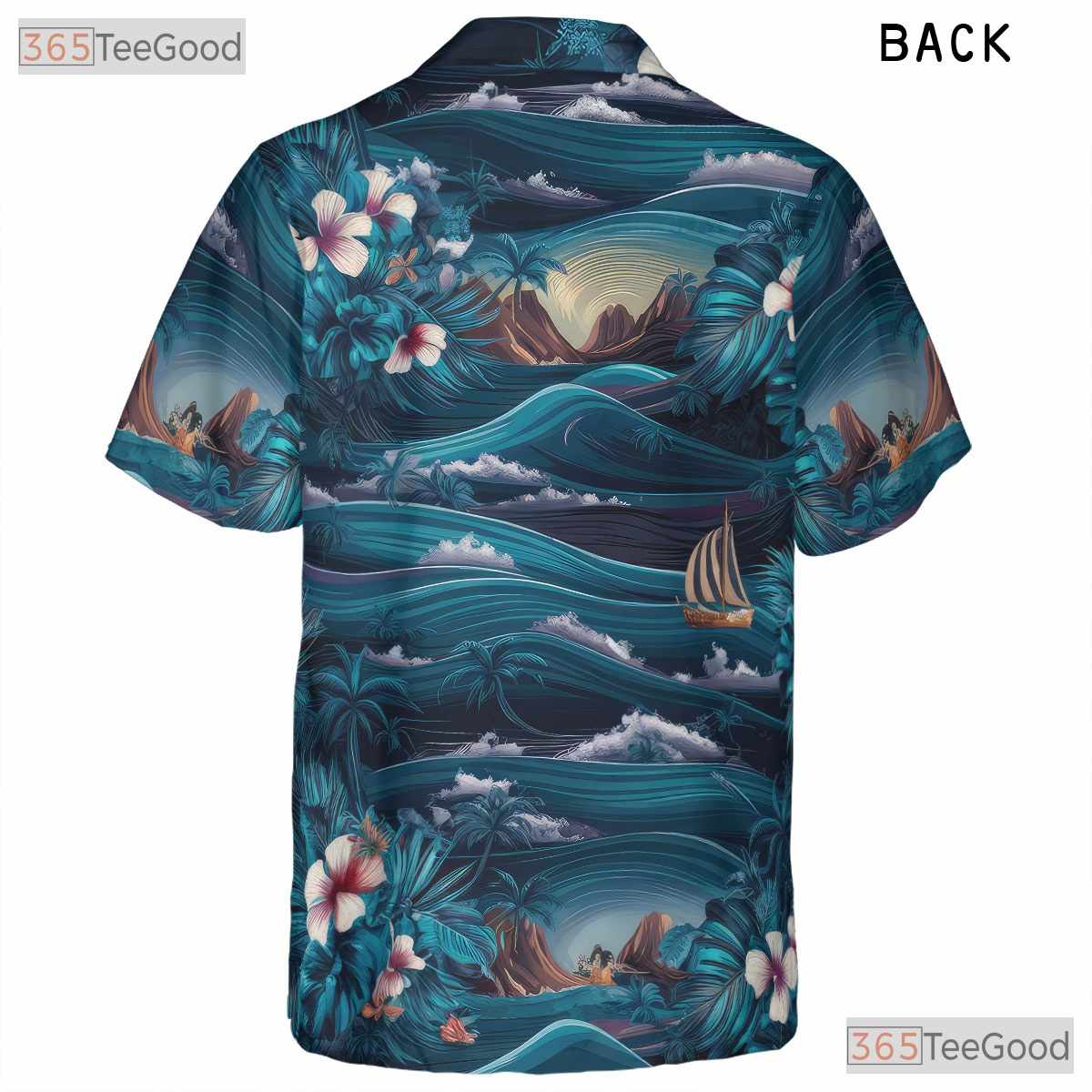 Navy Palm Hawaiian Shirt - Tropical Aloha Floral Ocean Waves Men's