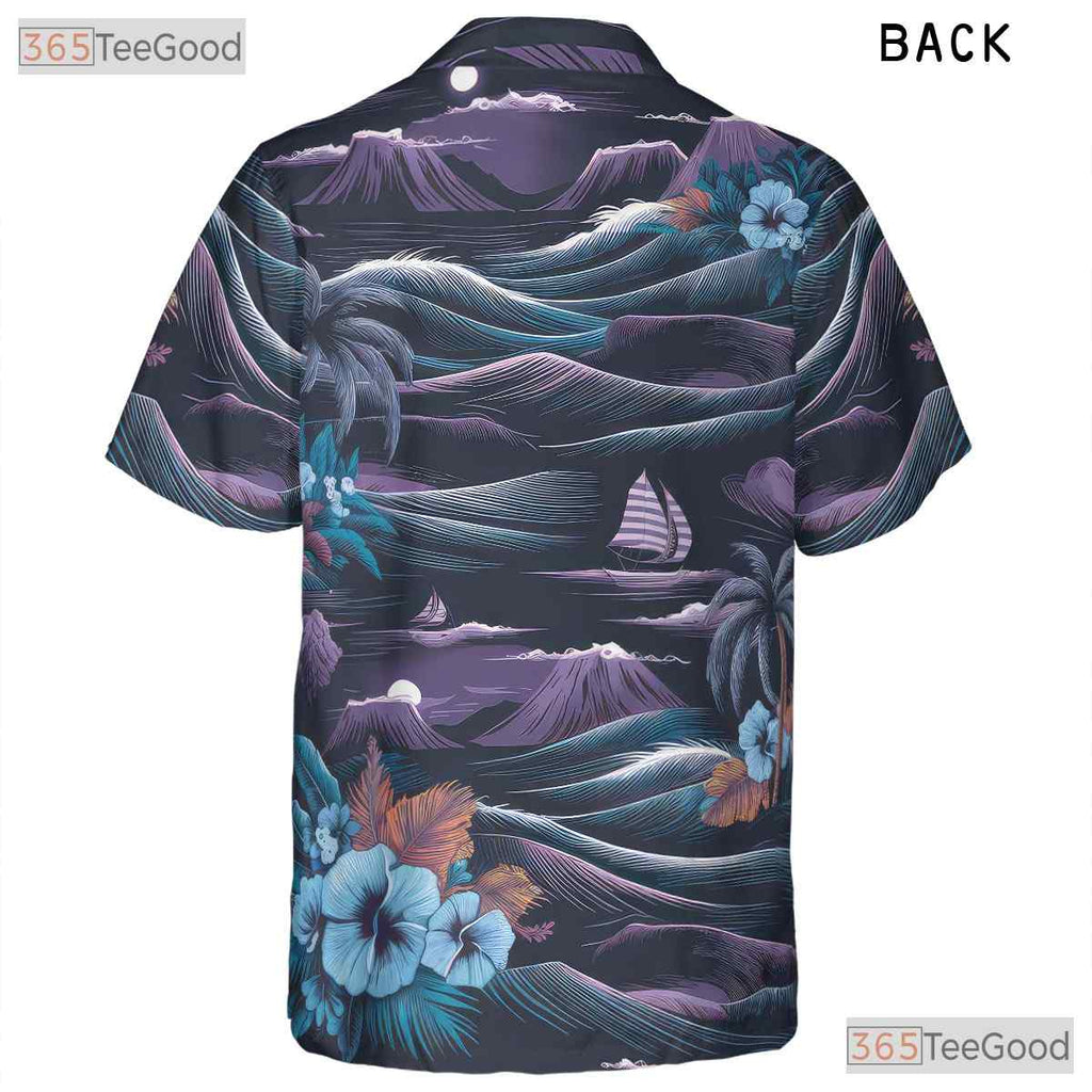 Navy Blue Hawaiian Tee - Palm Trees & Ocean Aloha Print Gift Unisex