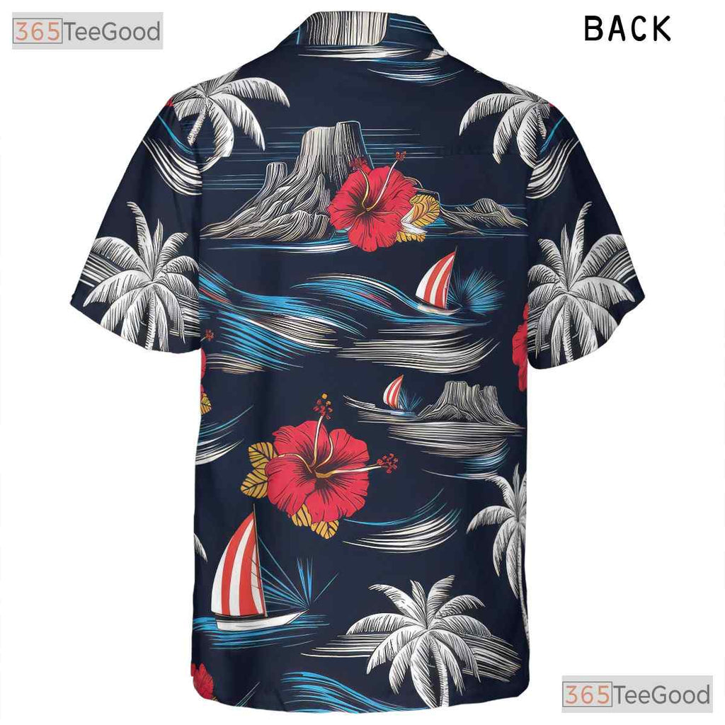 Vintage Navy Aloha Tee - Island Palm Trees & Beachwear Style Women