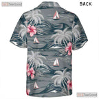 Aloha Gray Hawaiian Shirt - Island Palm Trees & Pink Hibiscus Women