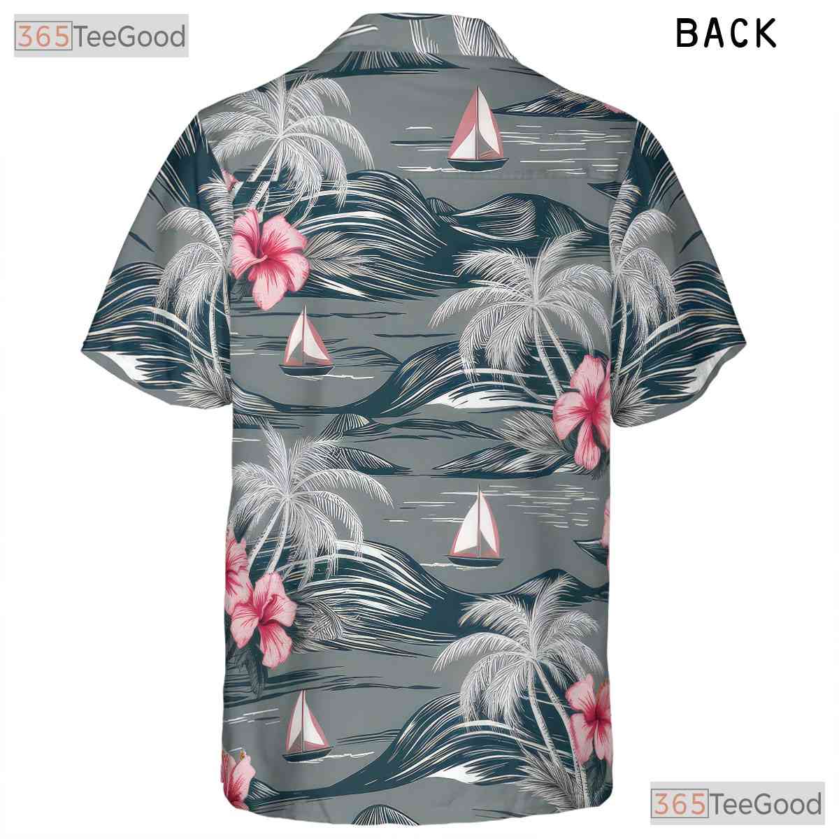 Aloha Gray Hawaiian Shirt - Island Palm Trees & Pink Hibiscus Women