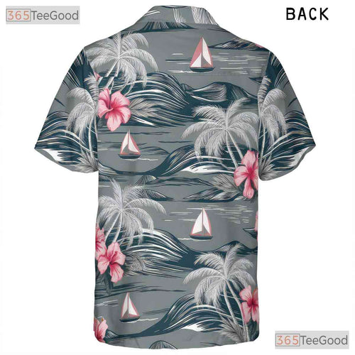 Aloha Gray Hawaiian Shirt - Island Palm Trees & Pink Hibiscus Women
