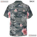 Tropical Gray Hawaiian Tee - Aloha Palm Hibiscus Beachwear Gift Adult
