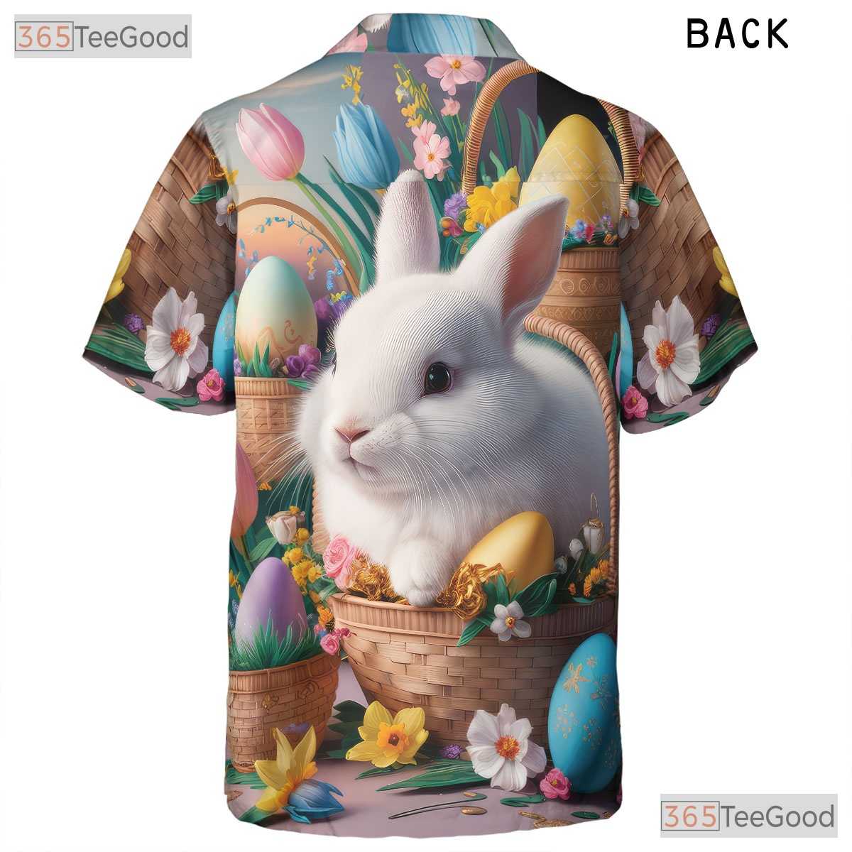 Easter Bunny Hawaiian Tee - Spring Basket with Colorful Eggs Print Unisex
