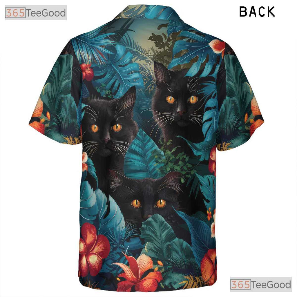 Black Cat Hawaiian Shirt - Blue Tropical Jungle Floral Vacation Men