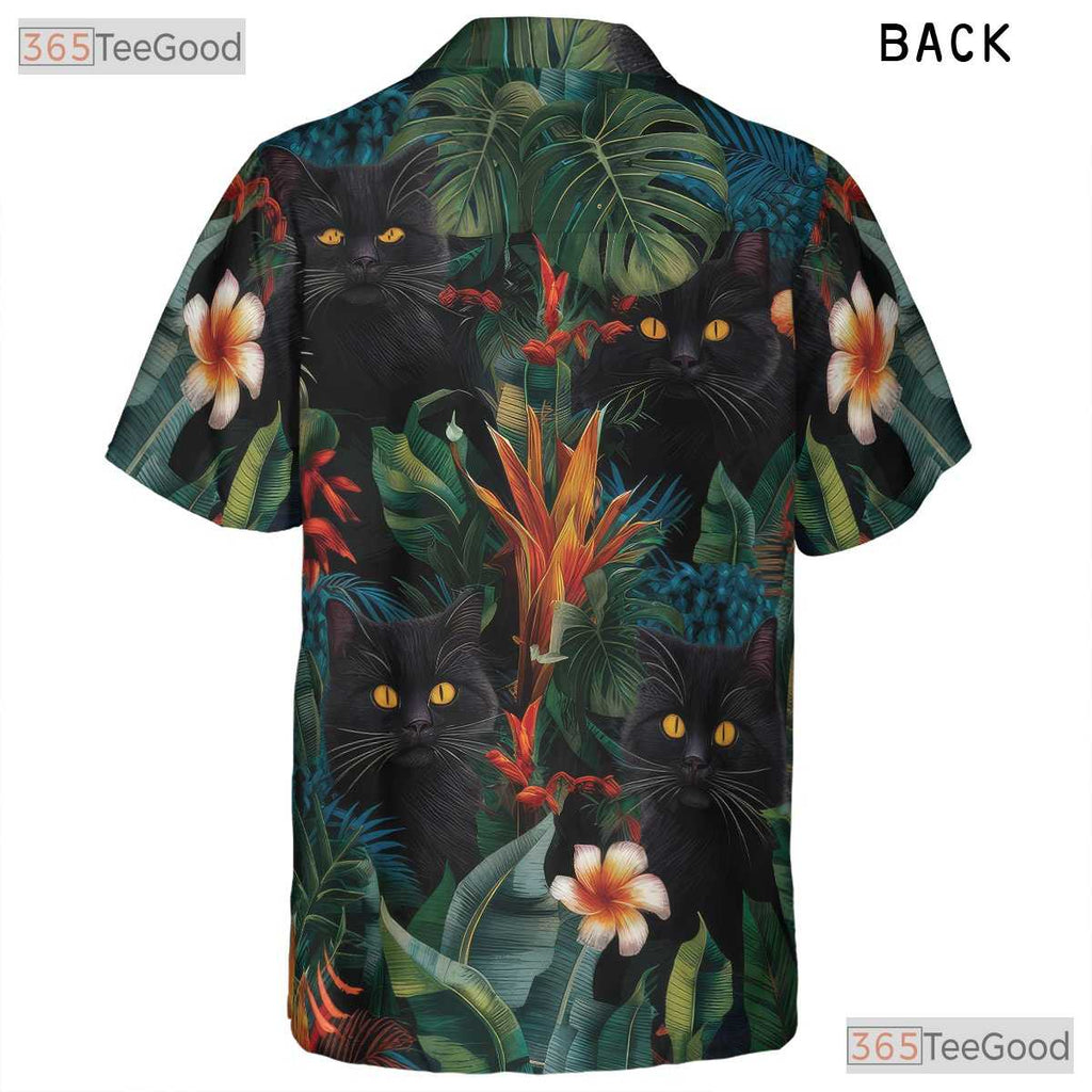 Tropical Black Cat Hawaiian Tee - Blue Jungle Leaves & Floral Gift Men