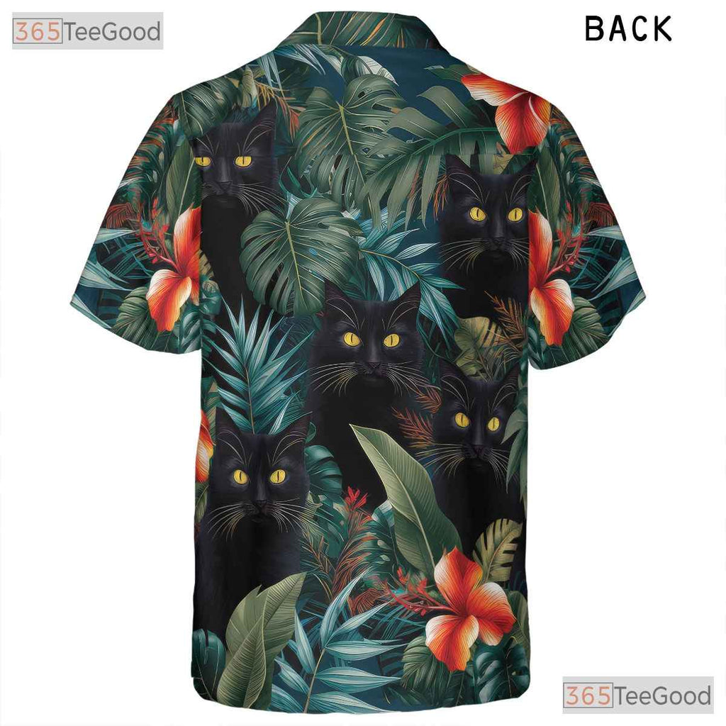 Jungle Black Cat Hawaiian Shirt - Tropical Blue Leaves Gift for Adults