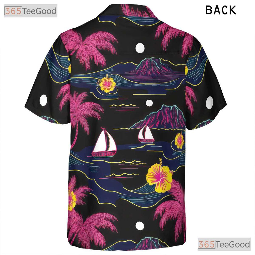 Vintage Neon Palm Hawaiian Tee - Black Island Beach Party Unisex S-5XL