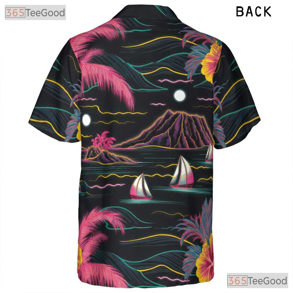 Black Neon Palm Hawaiian Shirt - Aloha Tropical Beach Gift Men S to 5XL