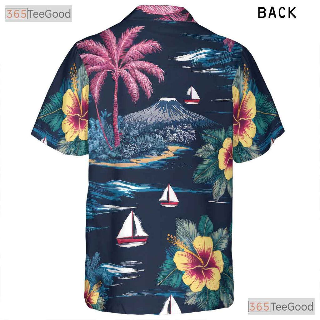 Vintage Navy Hawaiian Shirt - Palm Tree Hibiscus Aloha Style Adults S-5XL