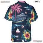 Vintage Navy Hawaiian Shirt - Palm Tree Hibiscus Aloha Style Adults S-5XL