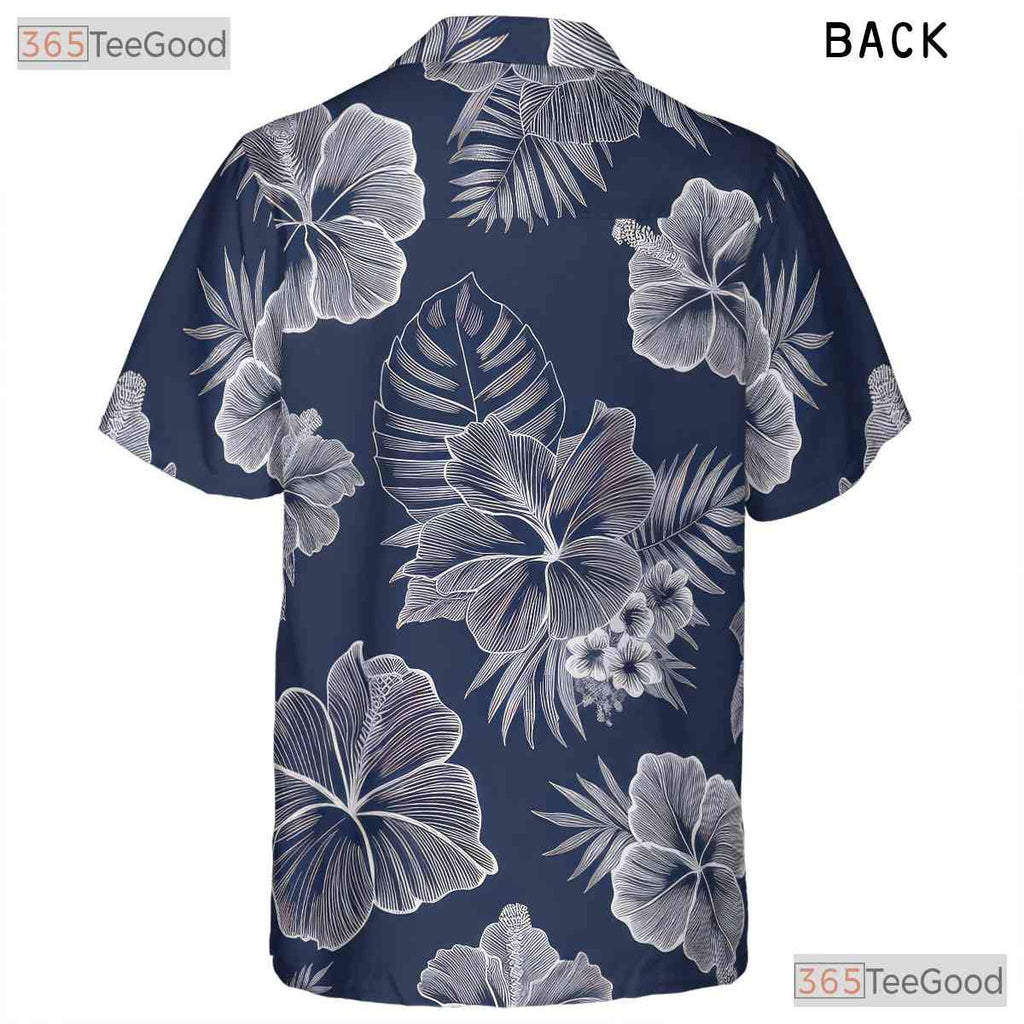 Blue White Hibiscus Hawaiian Tee - Tropical Aloha Vacation Unisex S-5XL