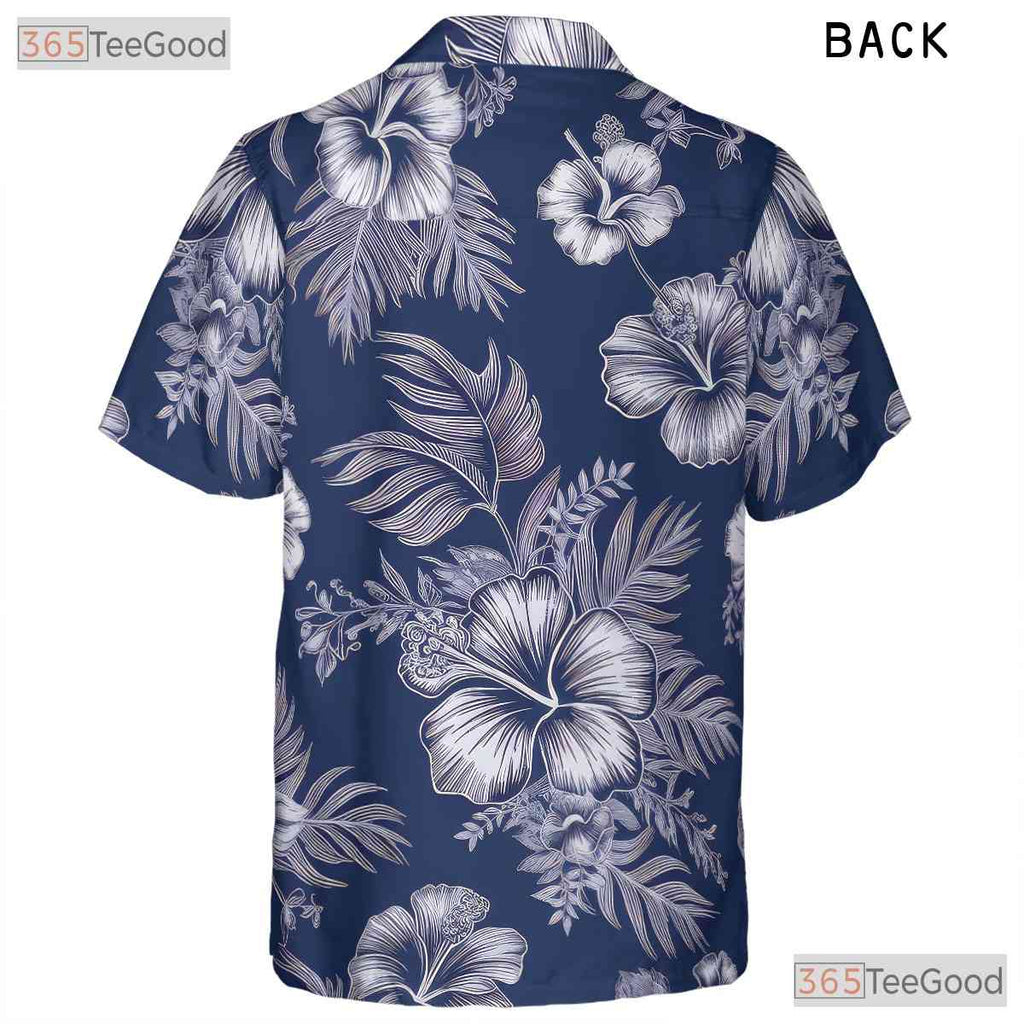 Blue White Hibiscus Hawaiian Tee - Tropical Aloha Beachwear Adults S to 5XL