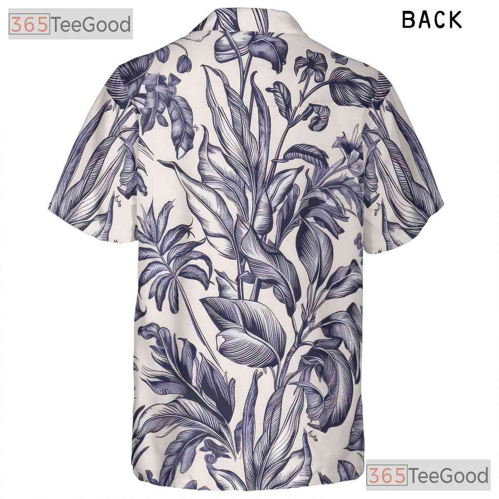 White Blue Tropical Floral Hawaiian Tee - Vintage Aloha Print Women S-5XL
