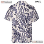 White Blue Tropical Floral Hawaiian Tee - Vintage Aloha Print Women S-5XL