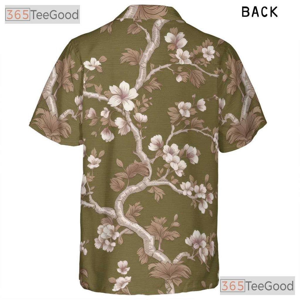Olive Green Cherry Blossom Hawaiian Shirt - Unisex Floral Aloha Tee