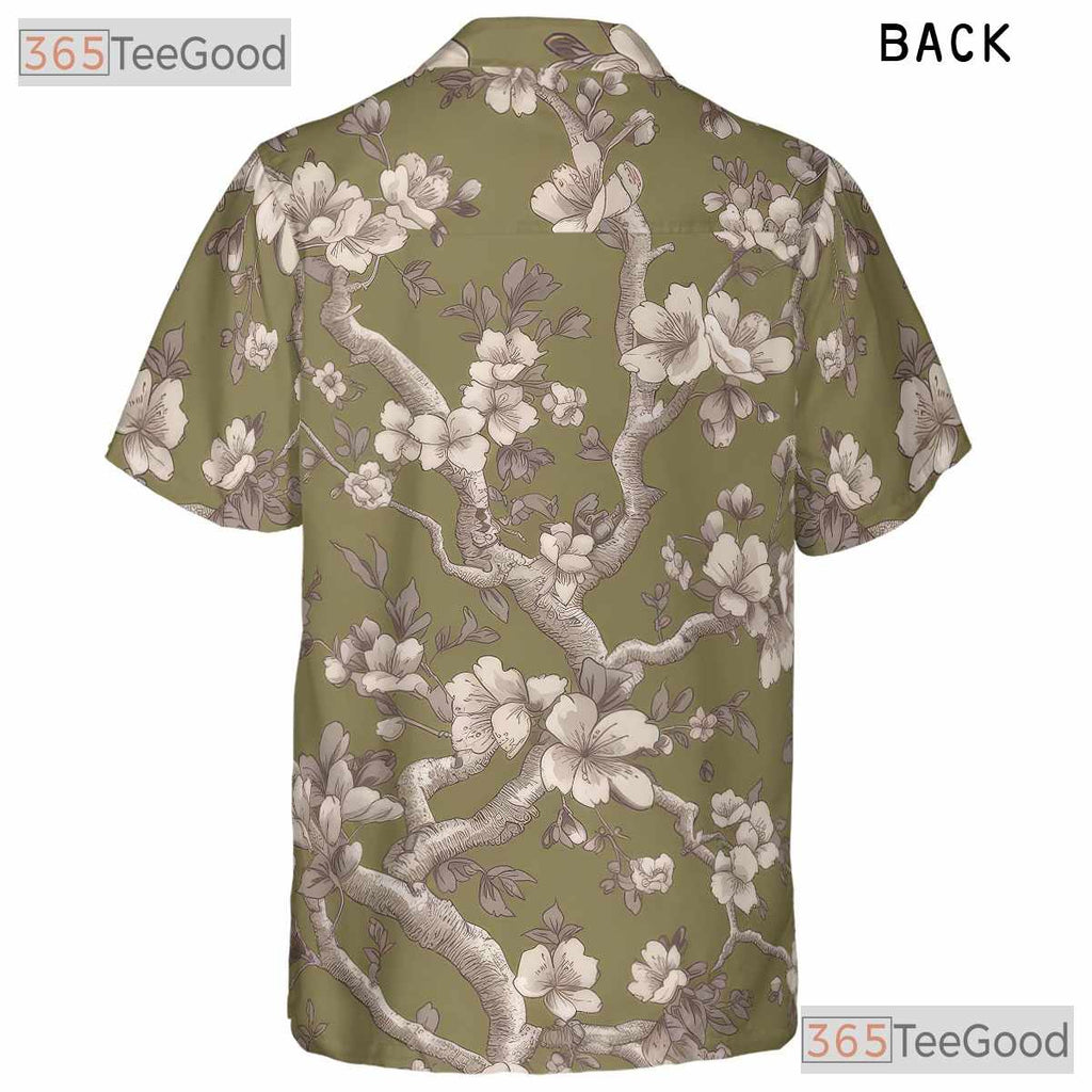 Retro Olive Cherry Blossom Aloha Shirt - Men's Floral Hawaiian Tee