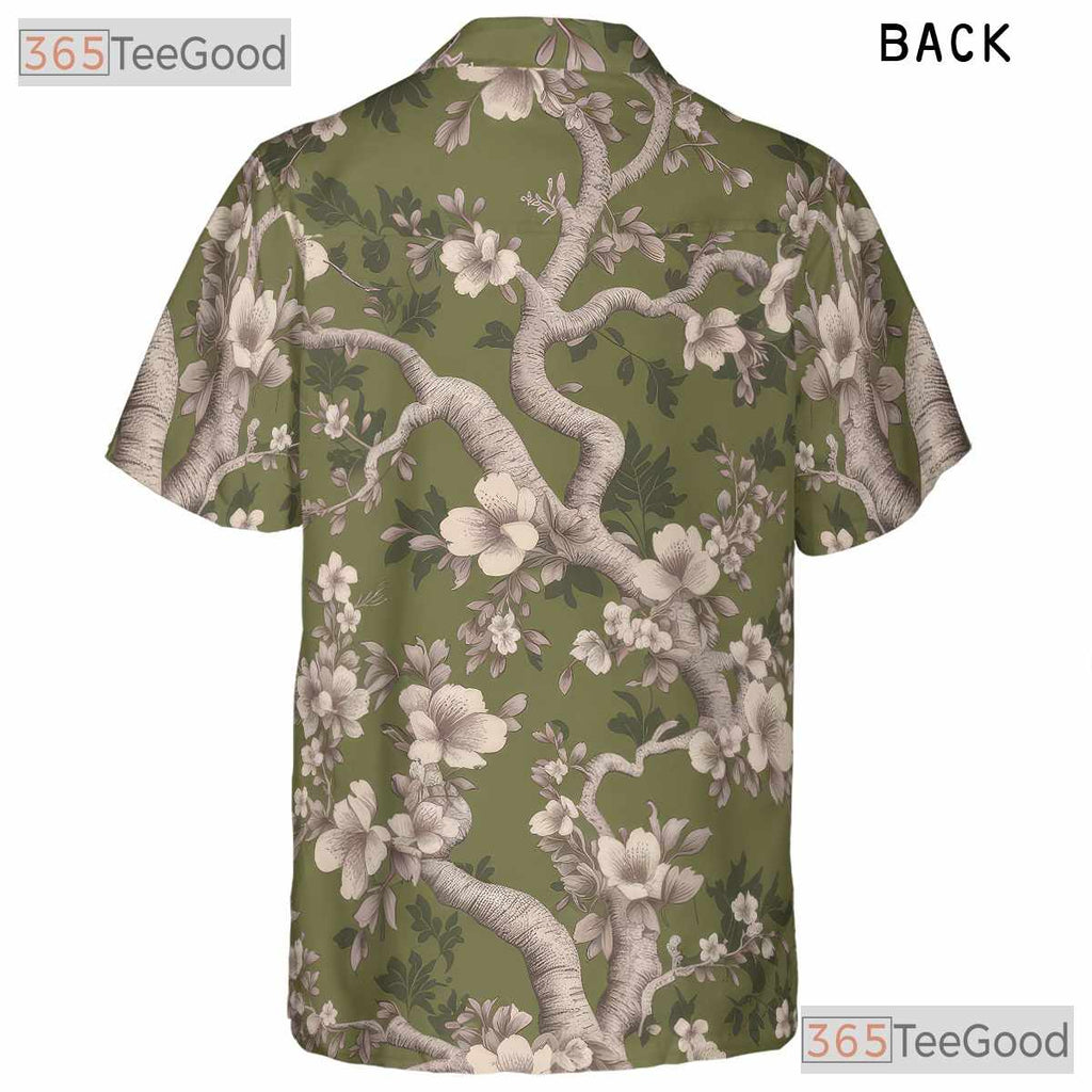 Vintage Olive Green Floral Hawaiian Shirt - Cherry Blossom Top for Women