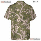 Vintage Olive Green Floral Hawaiian Shirt - Cherry Blossom Top for Women