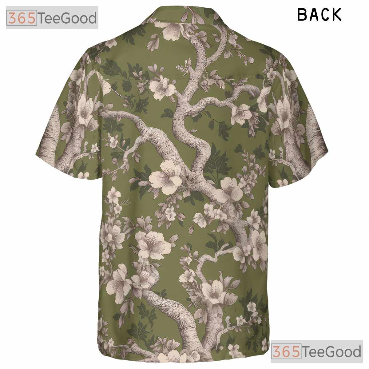 Vintage Olive Green Floral Hawaiian Shirt - Cherry Blossom Top for Women