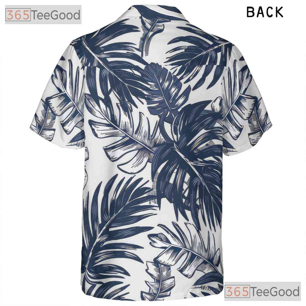 Navy White Palm Leaf Aloha Shirt - Men's Tropical Beachwear Hawaiian Tee