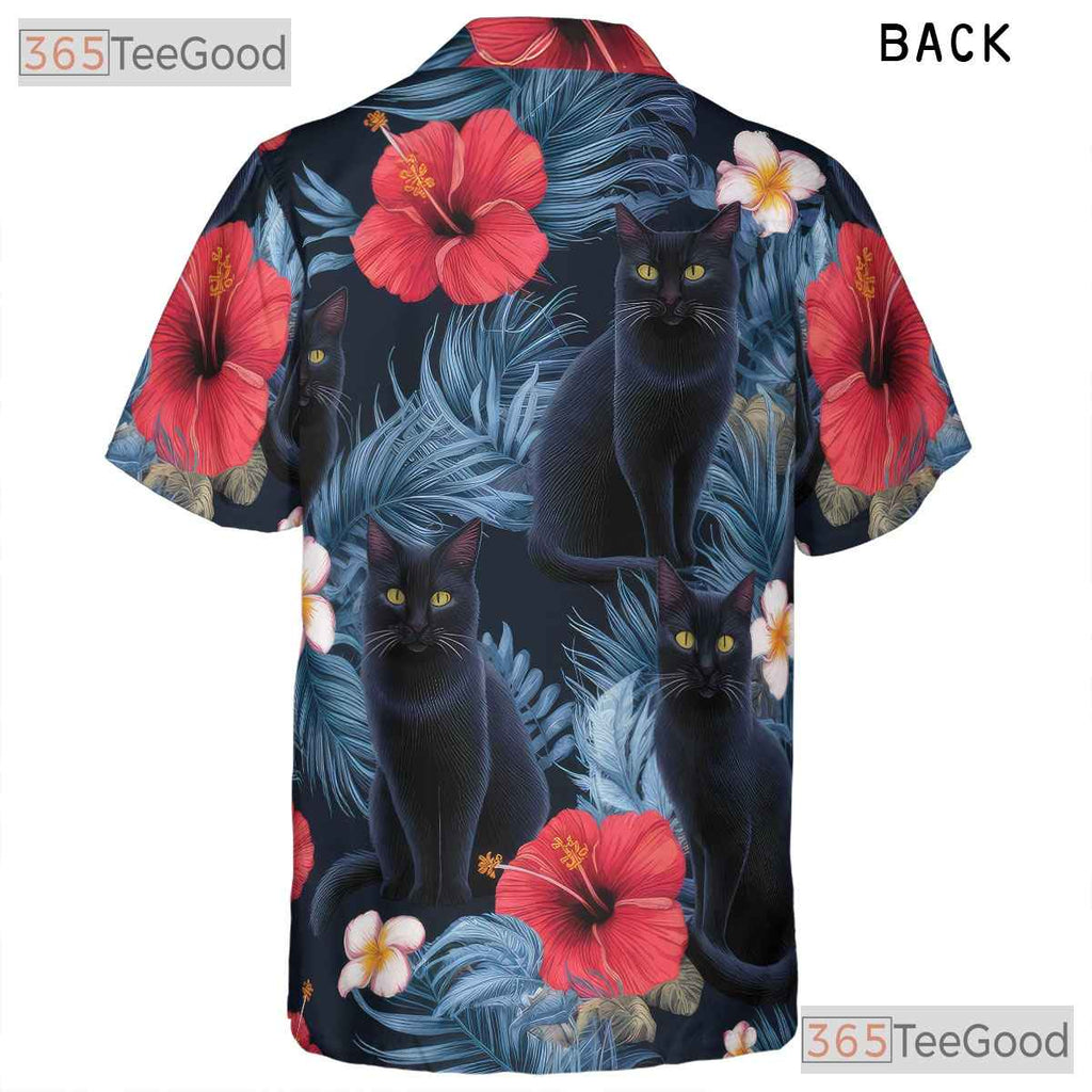 Unisex Black Cat Hawaiian Tee - Tropical Jungle Floral Shirt