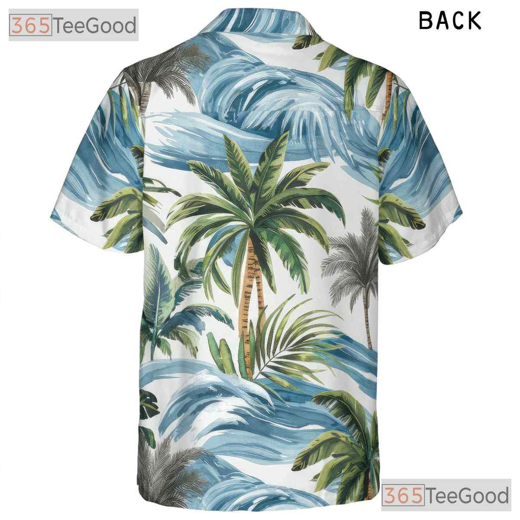 Vintage Palm Leaf & Waves Hawaiian Shirt - Adult Aloha Beach Vacation Tee