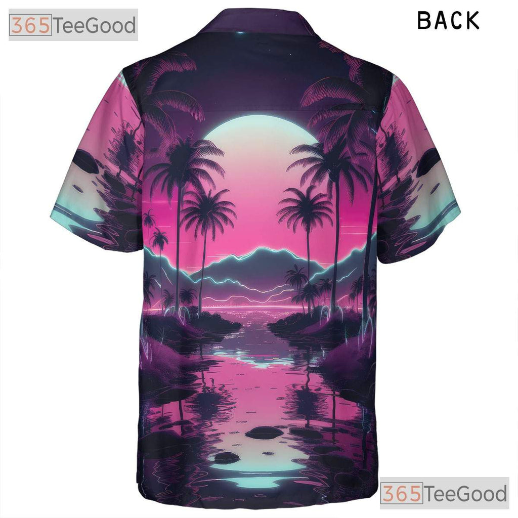 Retro Vaporwave Hawaiian Shirt for Men - Neon Sunset Palm Tree Aesthetic