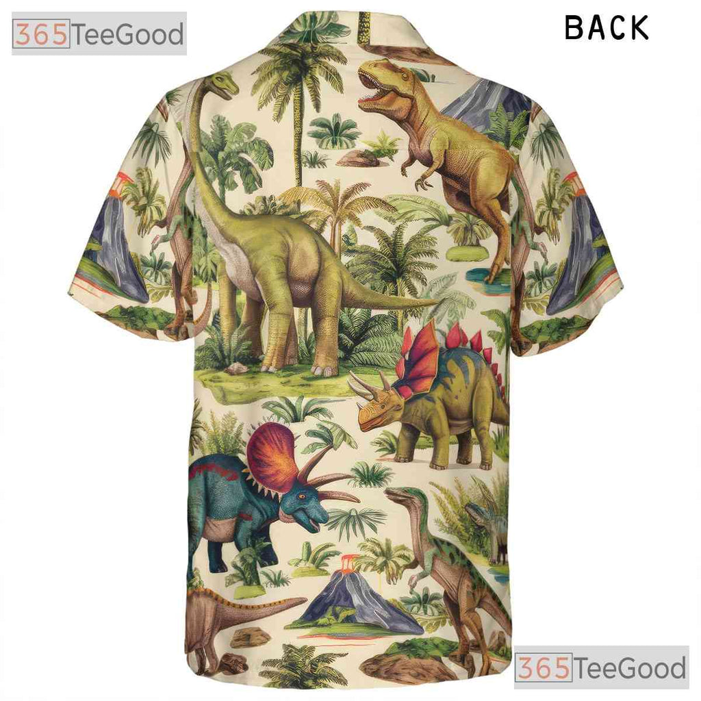 Women's Retro Dinosaur Print Hawaiian Shirt - Prehistoric Beach Party Tee