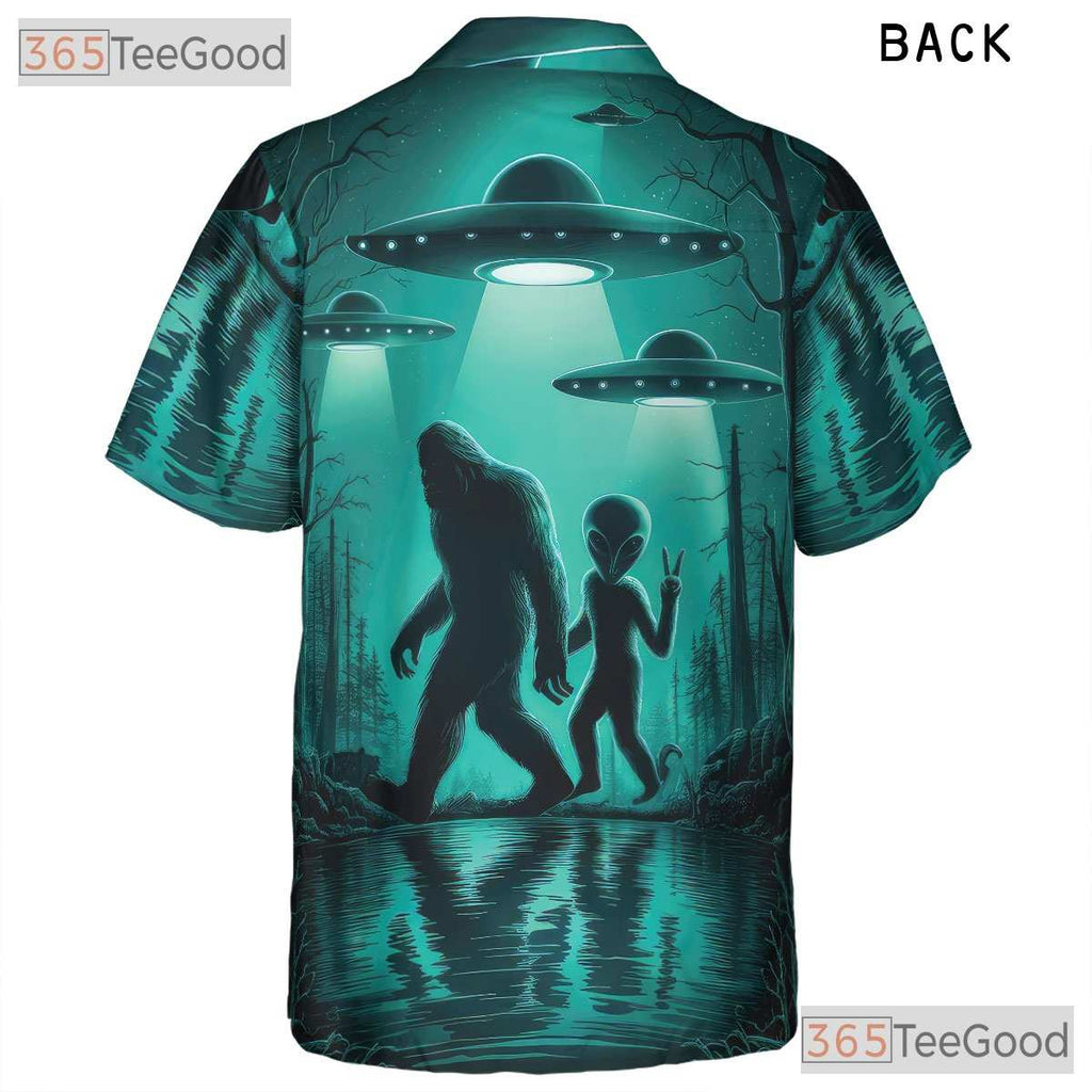 Unisex Alien Bigfoot Hawaiian Tee - UFO Cryptid Camp Aesthetic Beach Shirt