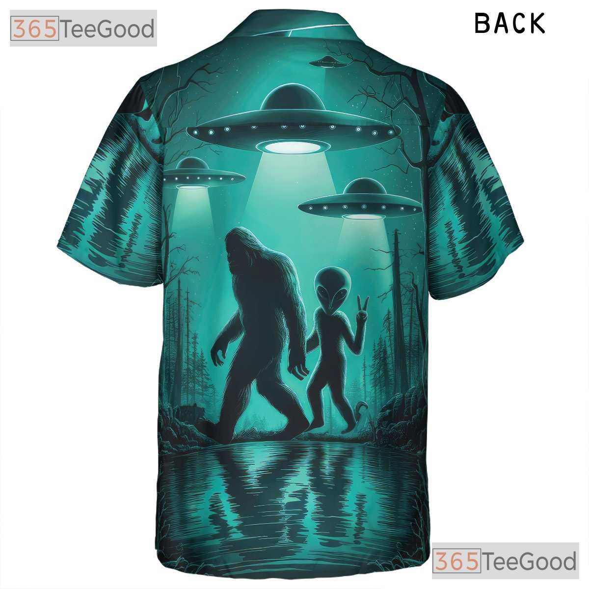 Unisex Alien Bigfoot Hawaiian Tee - UFO Cryptid Camp Aesthetic Beach Shirt