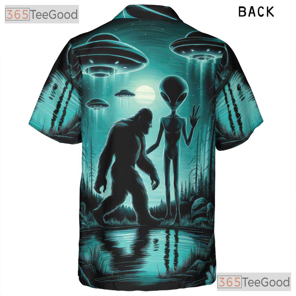 Women's Funny Bigfoot UFO Hawaiian Shirt - Retro Sci-Fi Aloha Vacation Tee