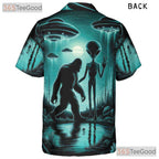 Women's Funny Bigfoot UFO Hawaiian Shirt - Retro Sci-Fi Aloha Vacation Tee