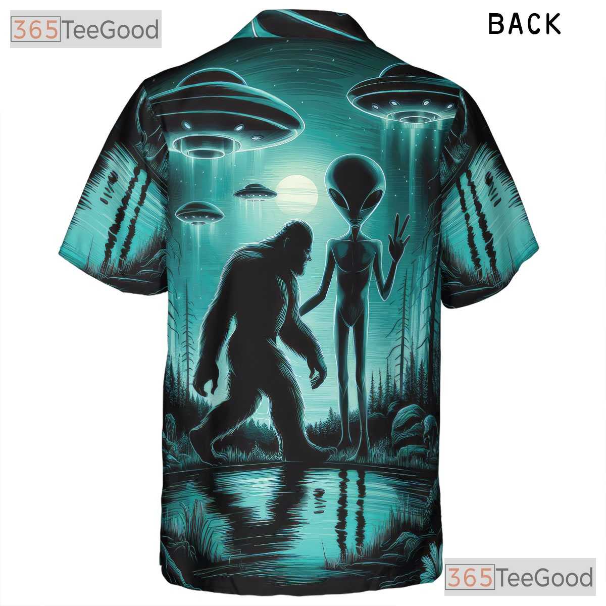 Women's Funny Bigfoot UFO Hawaiian Shirt - Retro Sci-Fi Aloha Vacation Tee