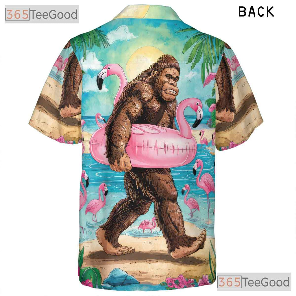 Adult Bigfoot Flamingo Hawaiian Tee - Funny Sasquatch Beach Party Aloha Shirt
