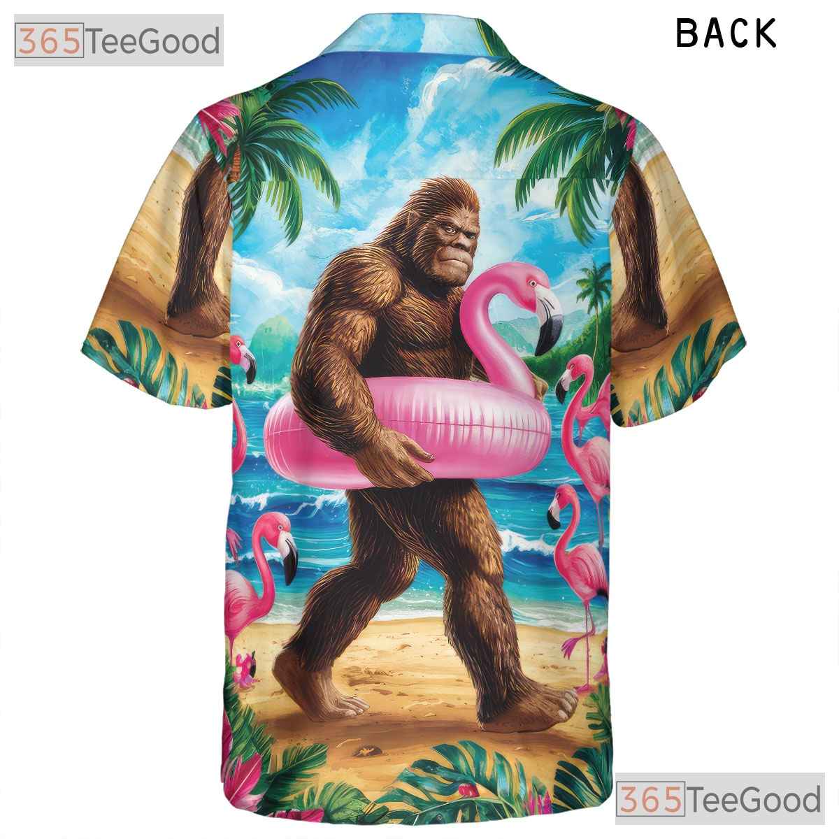 Bigfoot on Flamingo Float Hawaiian Shirt - Men's Tropical Aloha Summer Tee