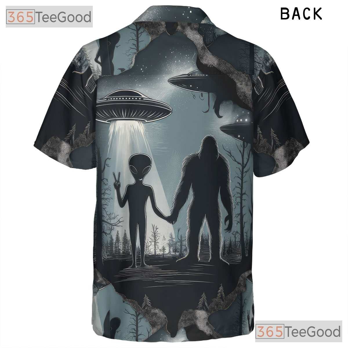 Alien Sasquatch UFO Hawaiian Tee - Adult Cryptid Retro Aloha Camp Shirt