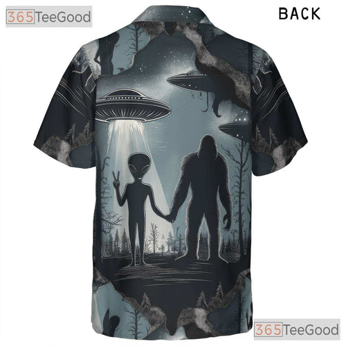 Alien Sasquatch UFO Hawaiian Tee - Adult Cryptid Retro Aloha Camp Shirt